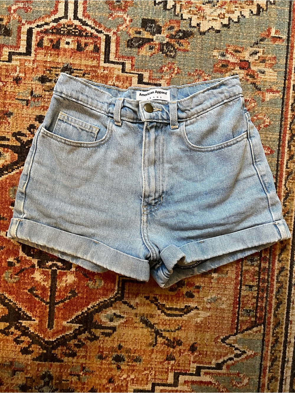 American Apparel Light Wash High-Rise Rolled Hem Denim Shorts